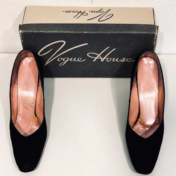 Vintage 50s VOGUE HOUSE Heels Pumps Shoe Black Textured Fabric with Box Sz 8.5 N - Picture 10 of 13